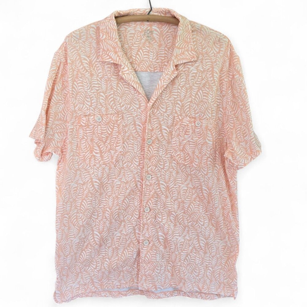 J.Crew Mens Slub Cotton Short Sleeve Button-Up Tropical Print Shirt XL Peach